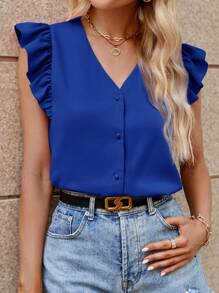 SHEIN Clasi Women's V-Neck Striped Shirt With Ruffled Sleeves Shirts Summer Women Shirts - Royal Blue - View 3