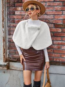 SHEIN Privé 素色披肩毛茸茸外套 - 白色 - 查看 1