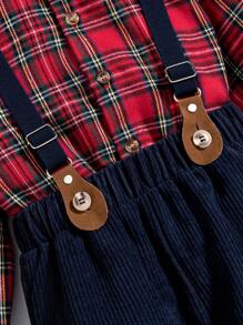 SHEIN Chàng trai trẻ In Tartan Áo sơ mi & Quần Suspender - Màu Khaki - Xem 6