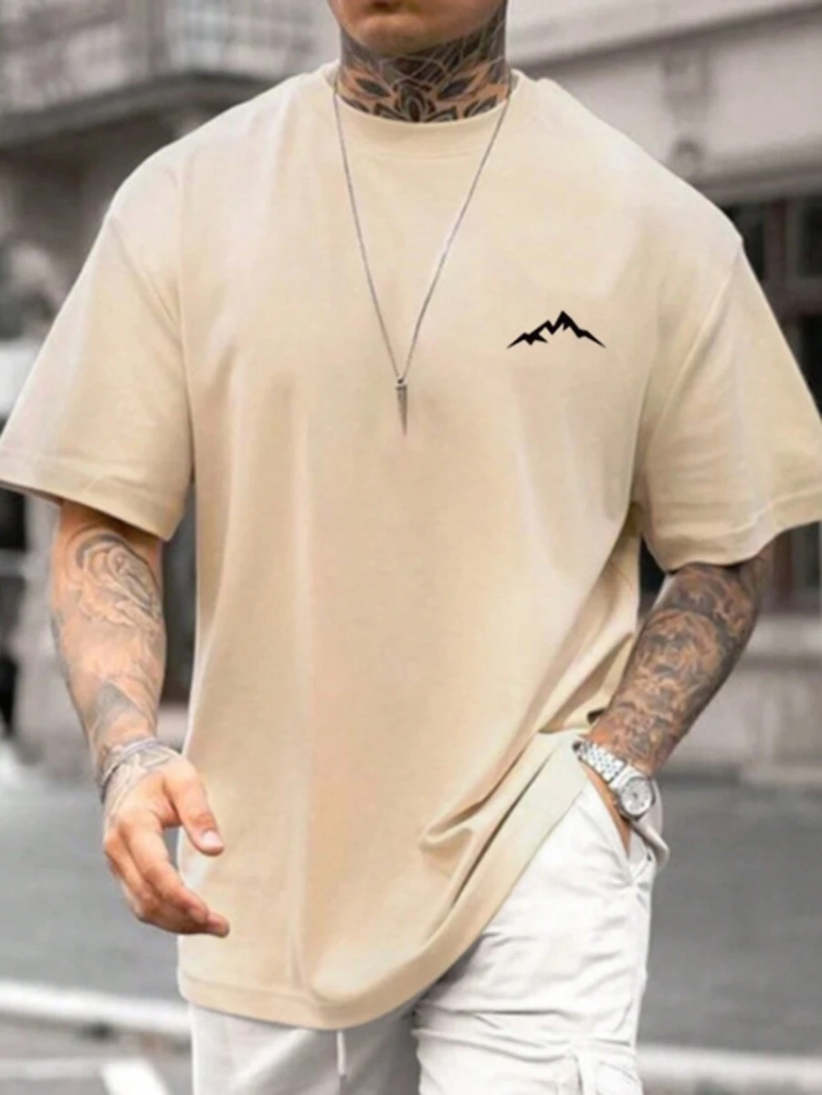 Manfinity Hombres Camiseta con estampado de montaña - Beis - Ver 1