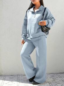 SHEIN Cottnline Plus Size Solid Color Fleece Hoodie And Exposed Seam Sweatpants Two Piece Set - Baby Blue - View 4