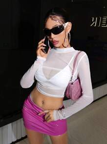 SHEIN ICON 性感褶邊 透膚純色女士上衣 - 白色 - 查看 3