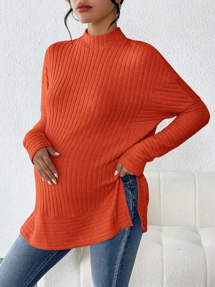 SHEIN Maternity Side Slit Ribbed T-Shirt - Burnt Orange - View 1