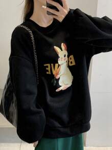 DAZY Hình ảnh con thỏ &  chữ cái Thả vai Áo chui đầu Oversized - màu đen - Xem 7