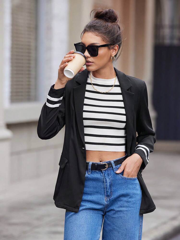 Striped Cuff Single Button Blazer