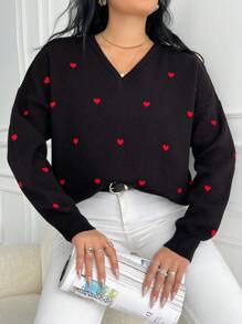 EURMUSE 女式大码 V 领心形图案落肩毛衣，适合冬季