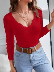 EURMUSE 貝殼邊條紋針織套頭毛衣 - 紅色 - 查看 1