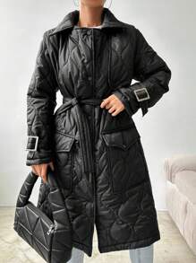 EURMUSE Snap Button Up Belted Quilted Coat - Black - View 5