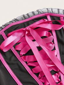 SHEIN ICON Lace Up Front Frill Trim Tube Top - Black - View 3