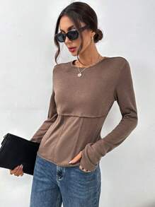 SHEIN Essnce Solid Color Women's T-shirt - Brown - View 4