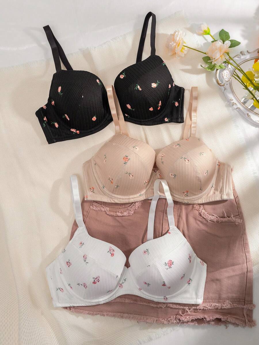Plus 3pcs Floral Print Underwire Bra - Multicolor - View 1