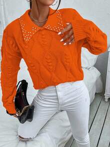 SHEIN Privé Suéter De Hombro Caído Con Abalorios De Diamantes De Imitación - Naranja - Ver 3