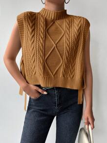 EURMUSE Mock Neck Knot Side Cable Knit Sweater Vest - Camel - View 4
