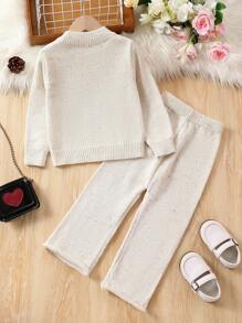 SHEIN 女小童素色套頭毛衣和針織褲 - 杏色 - 查看 2