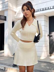 SHEIN Qutie Cable Knit Crop Sweater & Knit Skirt - Apricot - View 1