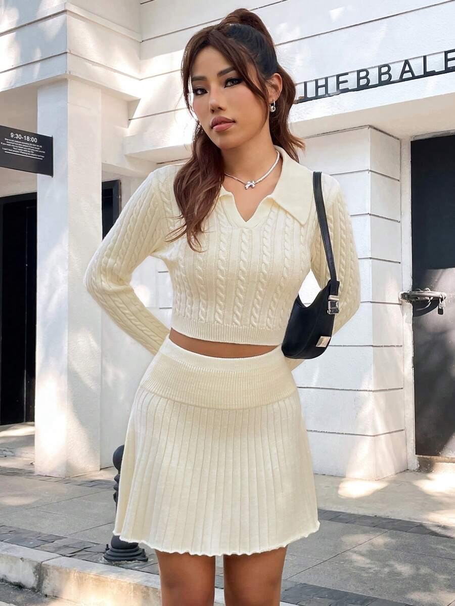 SHEIN Qutie Cable Knit Crop Sweater & Knit Skirt - Apricot - View 1