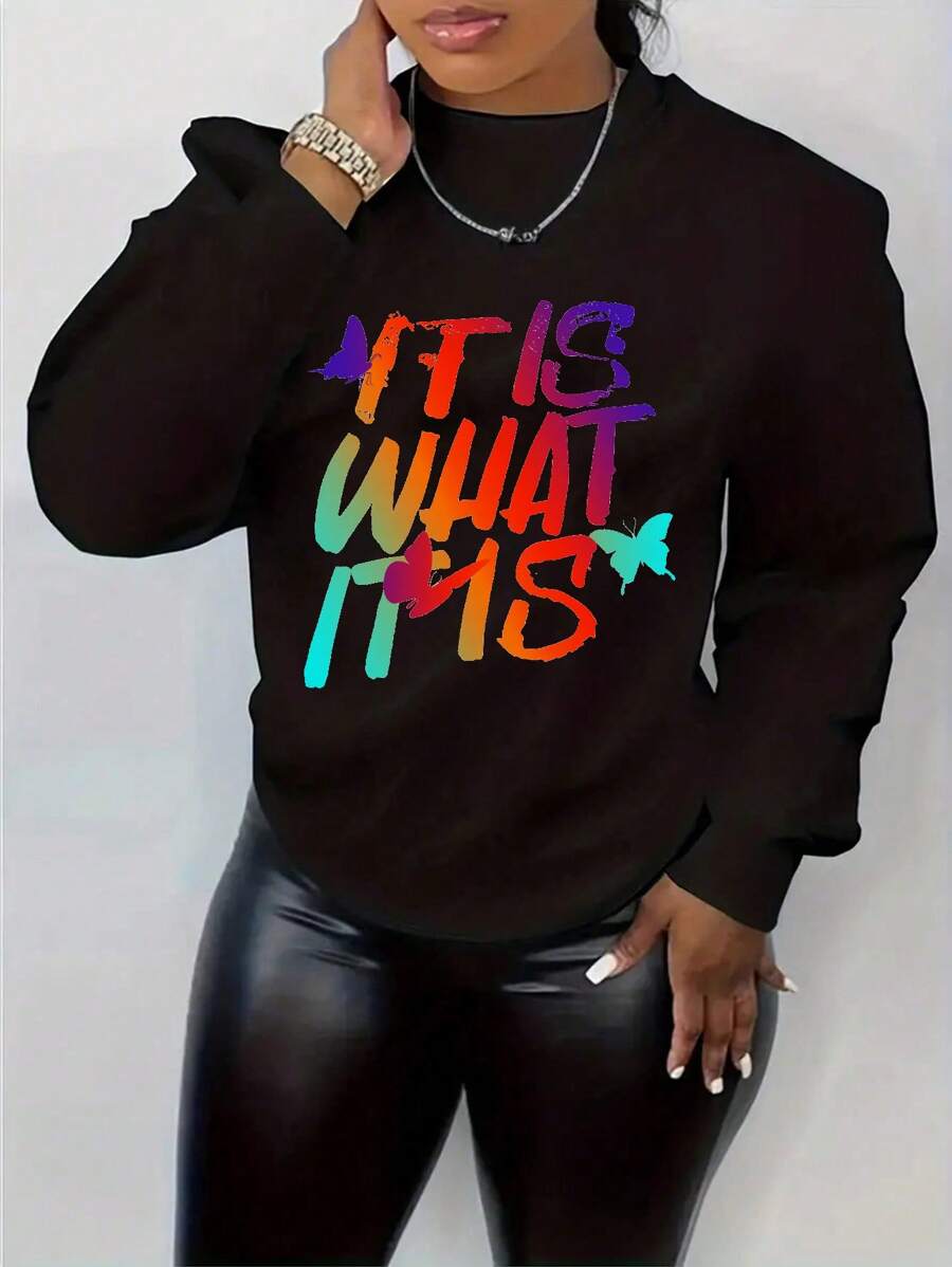 INAWLY Letter & Butterfly Graphic Drop Shoulder Sweatshirt - Black - View 1