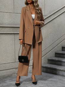 SHEIN Privé 雙排釦西裝外套&闊腿褲 - 棕色 - 查看 5