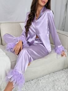 Fuzzy Trim Satin PJ Set / Pajama Set - Purple - View 6