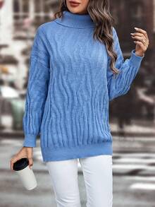 SHEIN LUNE Turtleneck Drop Shoulder Sweater - Blue - View 3
