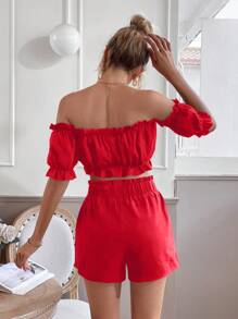 Breezaya Off Shoulder Lá sen tỉa Top Cây trồng & Quần short - Đỏ - Xem 2