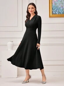 Modelyn Surplice Neck Rib-Knit Solid Dress Dress For Churches Long Evening Dresses - Black - View 5