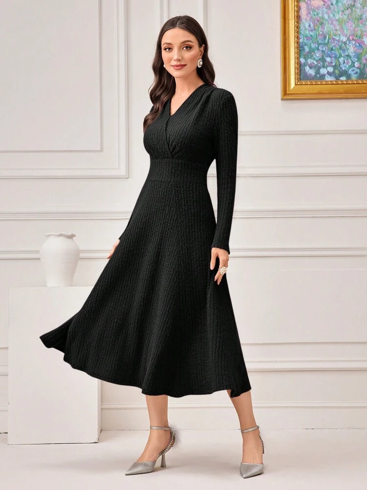 Surplice Neck Rib-Knit Solid Dress Dress For Churches Long Evening Dresses