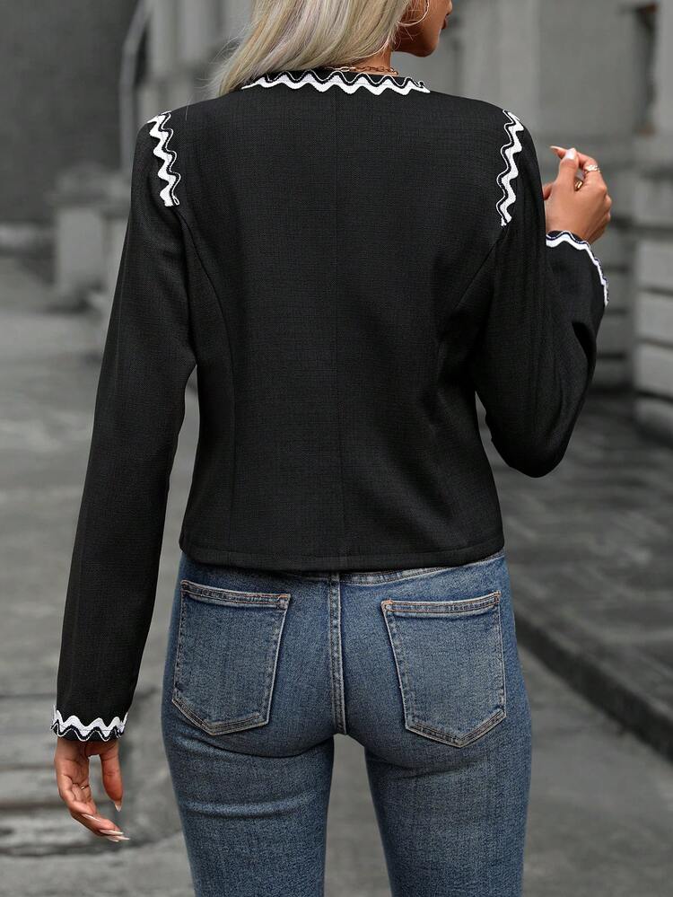 Wavy Collar Contrast Trim Regular Shoulder Long Sleeve Women's Black Jacket