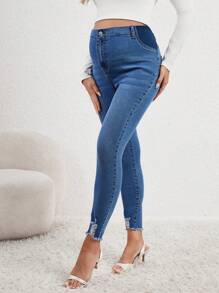 SHEIN Maternity Ripped Raw Hem Skinny Jeans - Medium Wash - View 5