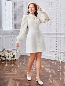 SHEIN Vestido De Retalhos Destacável De Nó De Borboleta De Lã Para Meninas Adolescentes Com Design Recortado