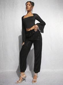 SHEIN BAE 腰上打結亮片長褲 - 黑色 - 查看 5