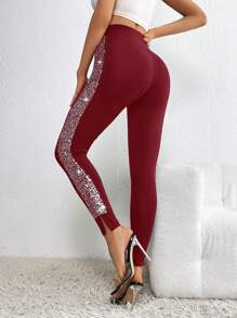 SHEIN Privé 亮片拼接側接縫下擺開叉緊身打底褲 - 紅色 - 查看 2