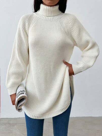 EURMUSE Turtleneck Raglan Sleeve Curved Hem Sweater