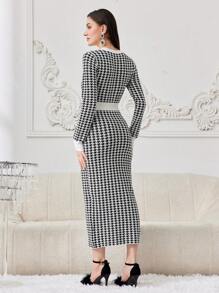 Modelyn Women's Color Block Knitted Sweater Dress With Houndstooth Pattern