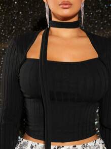 SHEIN SXY Solid Queen Anne Neckline Crop Tee With Choker - Black - View 4