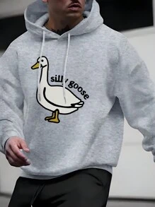 Men Duck & Letter Graphic Drawstring Thermal Lined Hoodie - Light Grey - View 1