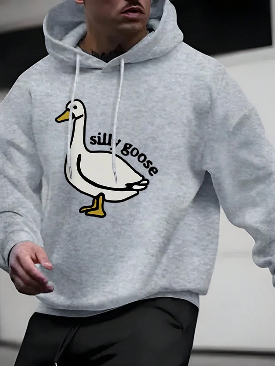 Men Duck & Letter Graphic Drawstring Thermal Lined Hoodie - Light Grey - View 1