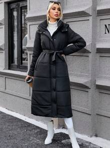 SHEIN Privé Slant Pocket Hooded Padded Coat - Black - View 4