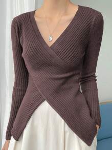 DAZY 素色交叉圍裹條紋針織套頭毛衣 - 咖啡棕 - 查看 1