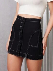 SHEIN SAIA SARJA PESPONTO CONTRASTANTE INVERTIDA FEMININO - Black - View 1