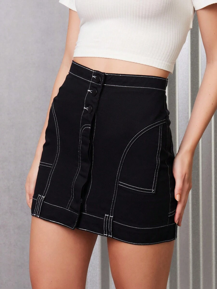 SHEIN SAIA SARJA PESPONTO CONTRASTANTE INVERTIDA FEMININO - Black - View 1