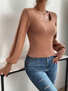 SHEIN Essnce Square Neck Button Detail Lantern Sleeve Sweater - Brown - View 6