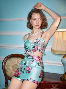 Alice McCall Designer Boho Bohemian Floral Print Lace Up Front Frill Cami Top, For Summer, Holiday, Vacation, Beach, Going Out, Festival, Ibiza Fits - Multicolor - View 3