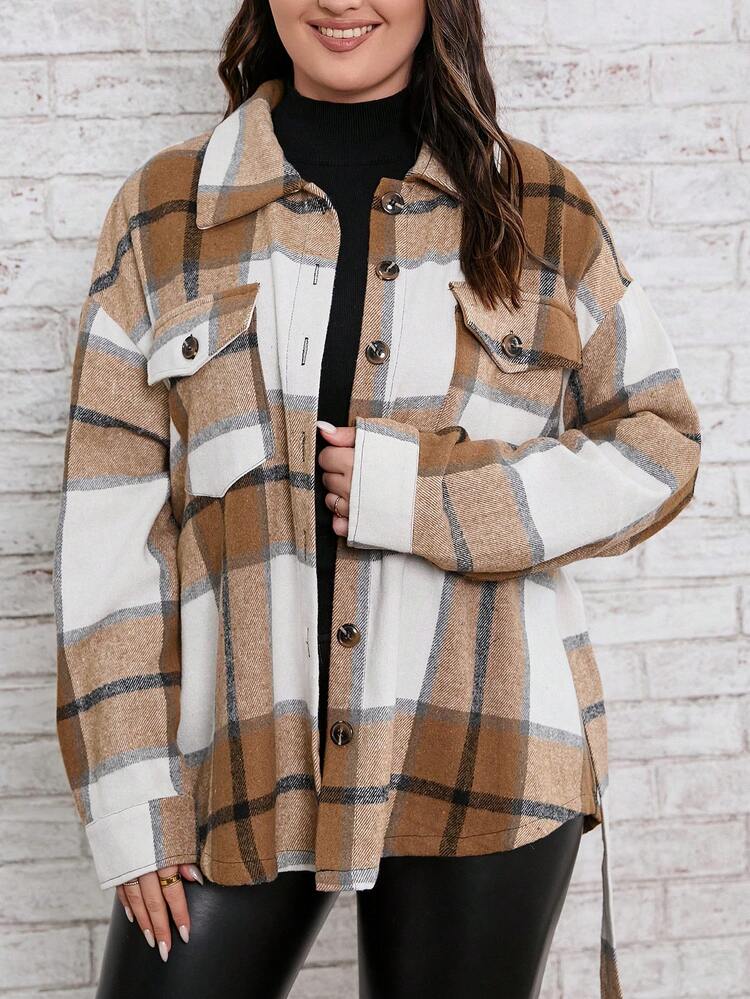 Plus Plaid Print Drop Shoulder Flap Pocket Belted Coat