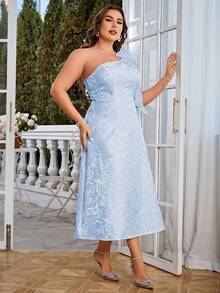 Simplee Plus Size Women's One Shoulder Jacquard Dress - Blue - View 3