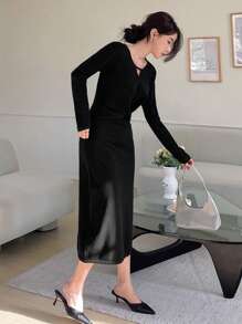 Dazy Star Solid Keyhole Neck Sweater Dress - Black - View 3