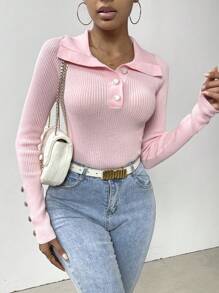 SHEIN Essnce 前紐扣條紋針織套頭毛衣 - 粉色 - 查看 4