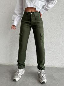 SHEIN Cottnline Women Utility Jeans - Green - View 5