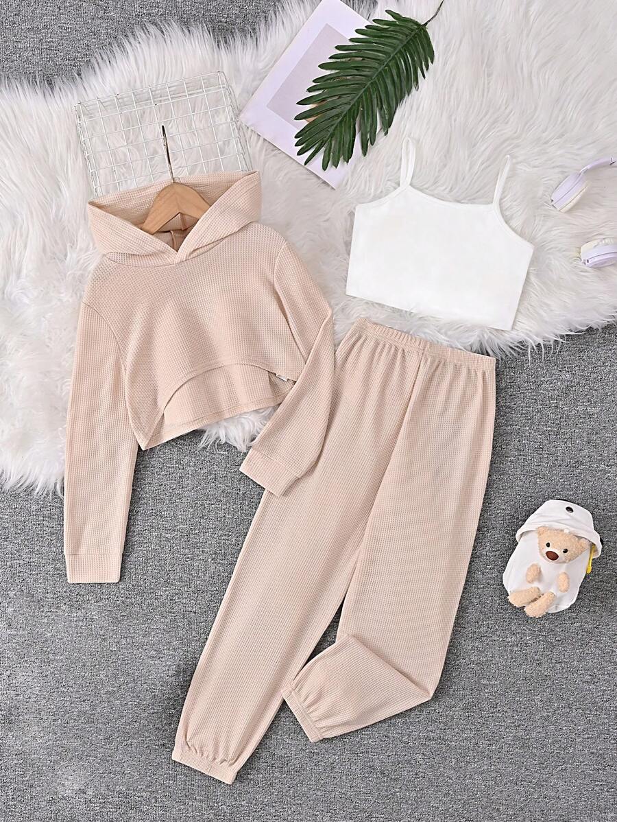 SHEIN Tween Girl Solid Cami Top & Sweatpants & High-low Hem Hoodie - Apricot - View 1