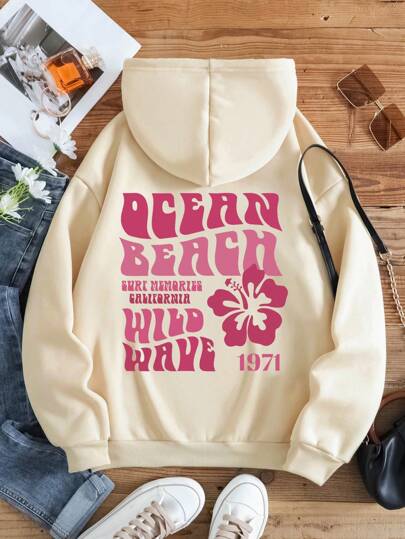 INAWLY Floral & Slogan Graphic Drawstring Thermal Lined Hoodie OCEAN BEACH SURF MEMORIES CALIFORNIA WILD WAVE 1971 Graduation,Back To School,Graduation,Teacher For Women,Back To School Pullover Fall Sweatshirt